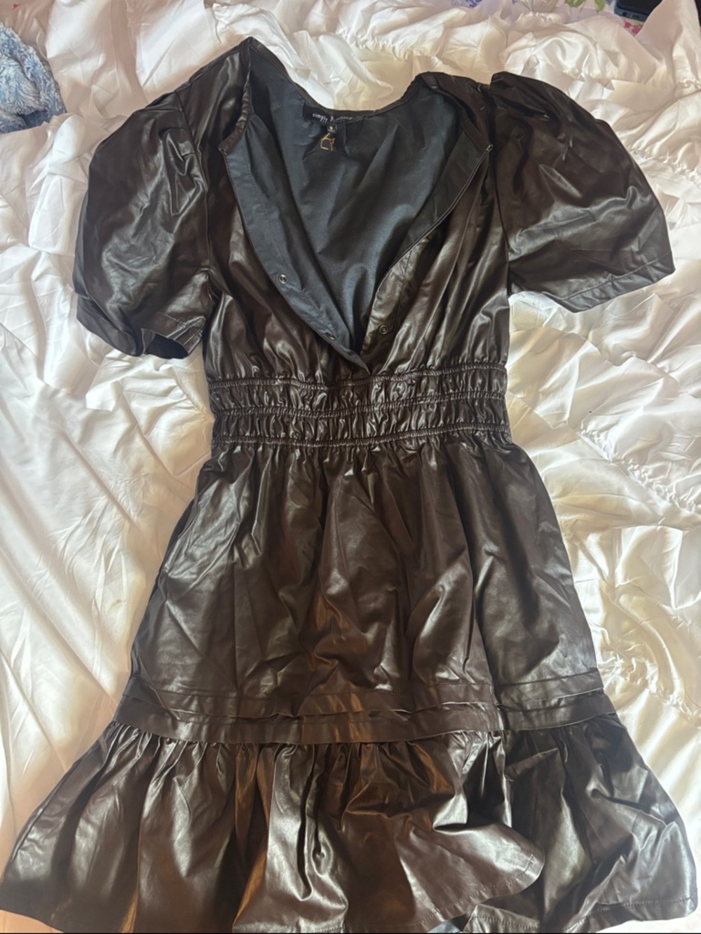 Simply Southern Black Faux Leather Midi Dress with Puff Sleeves